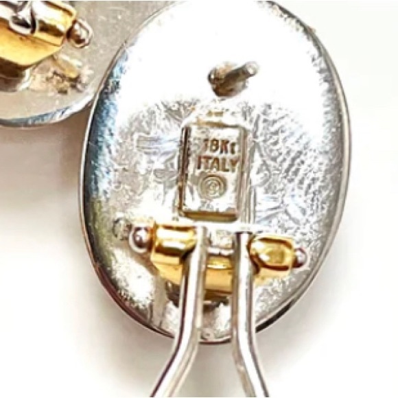 Bel Oro 18KT white Yellow Gold two tone Omega Clip pierced Earrings textured 18k - Picture 3 of 16